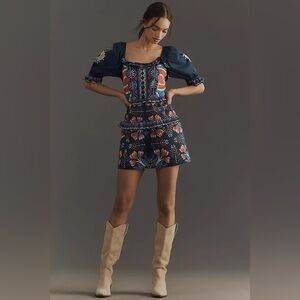 FARM Rio Navy Embroidered Floral Romper with Coral & Cream Accents